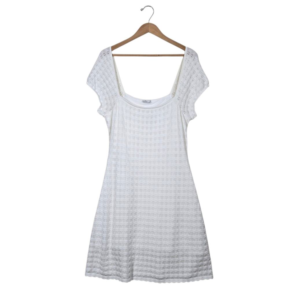 Hollister Crochet Knit Midi Dress XL Ivory 100% Cotton Short Sleeve Lined Boho